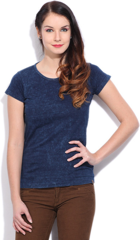 Wrangler Solid Women Round Neck Blue T-Shirt