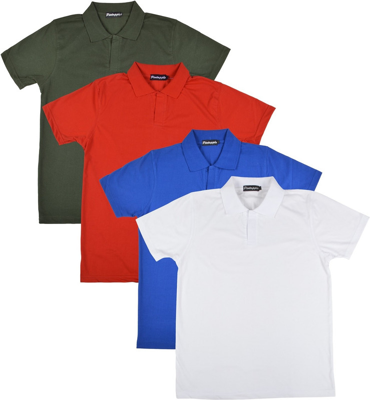 Pintapple Solid Men Polo Neck White, Blue, Red, Dark Green T-Shirt(Pack of 4)