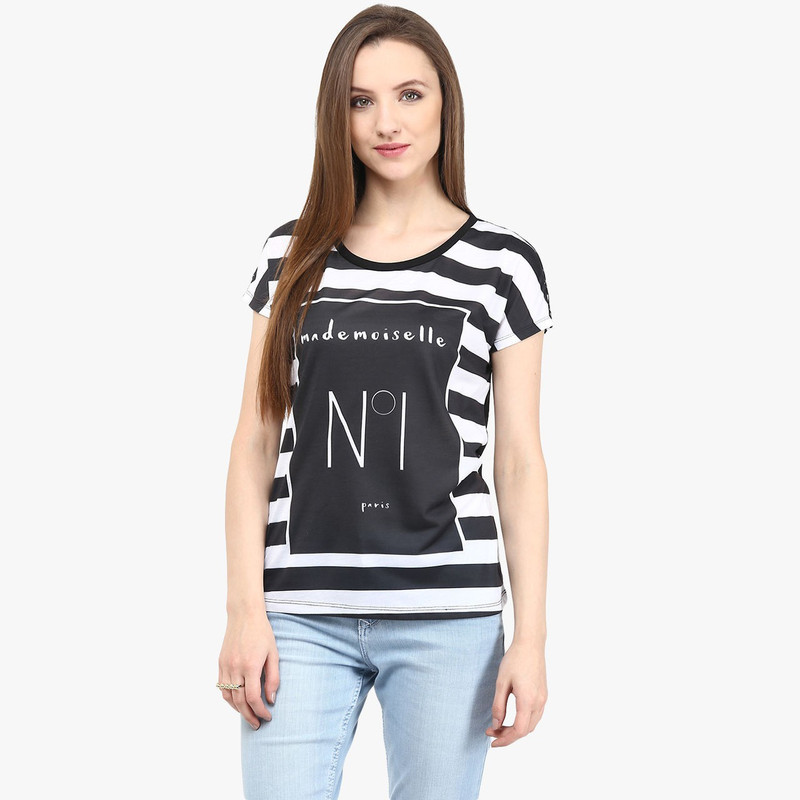 Honey By Pantaloons Striped Women Round Neck Black T-Shirt