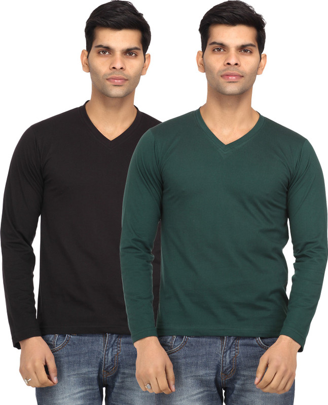 Leana Solid Men Round Neck Black, Green T-Shirt(Pack of 2)
