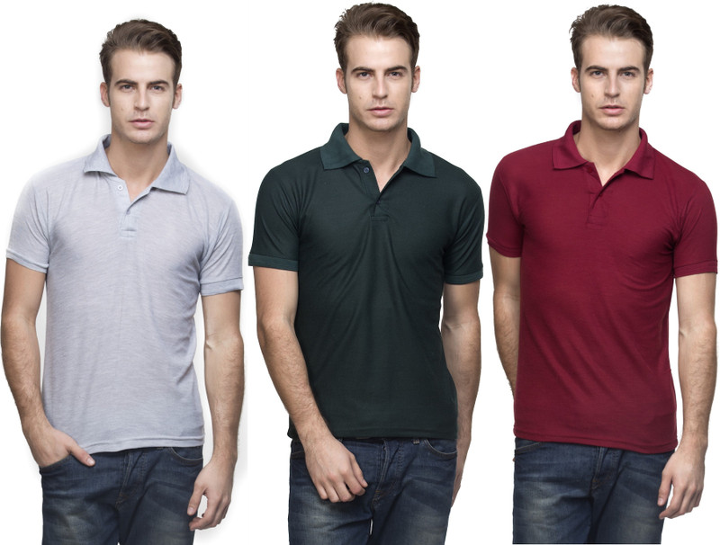 Lambency Solid Men Polo Neck Grey, Dark Green, Maroon T-Shirt(Pack of 3) Lambency Solid Men Polo Neck Grey, Dark Green, Maroon T-Shirt(Pack of 3)