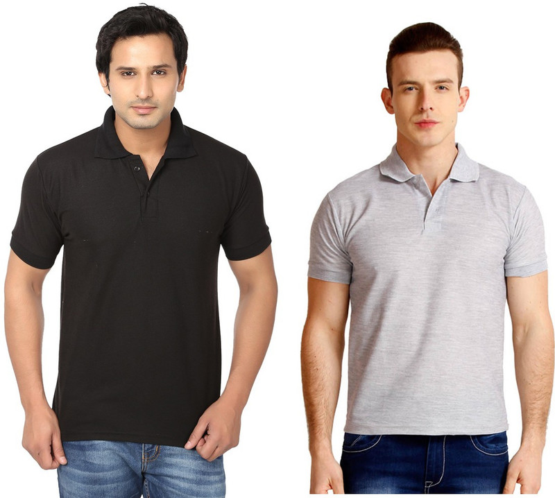 Keepsake Solid Men Polo Neck Black, Grey T-Shirt(Pack of 2)