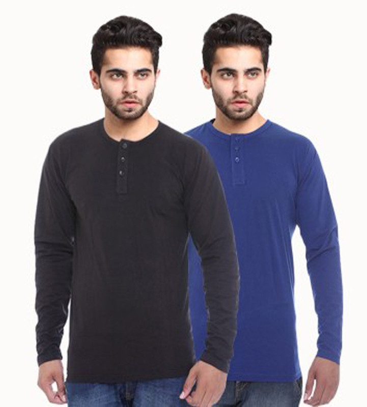 Sampoorna Collection Solid Men Henley Blue, Black T-Shirt(Pack of 2)