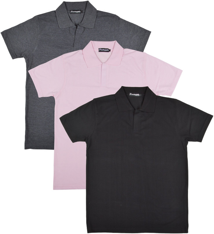 Pintapple Solid Men Polo Neck Black, Pink, Grey T-Shirt(Pack of 3)