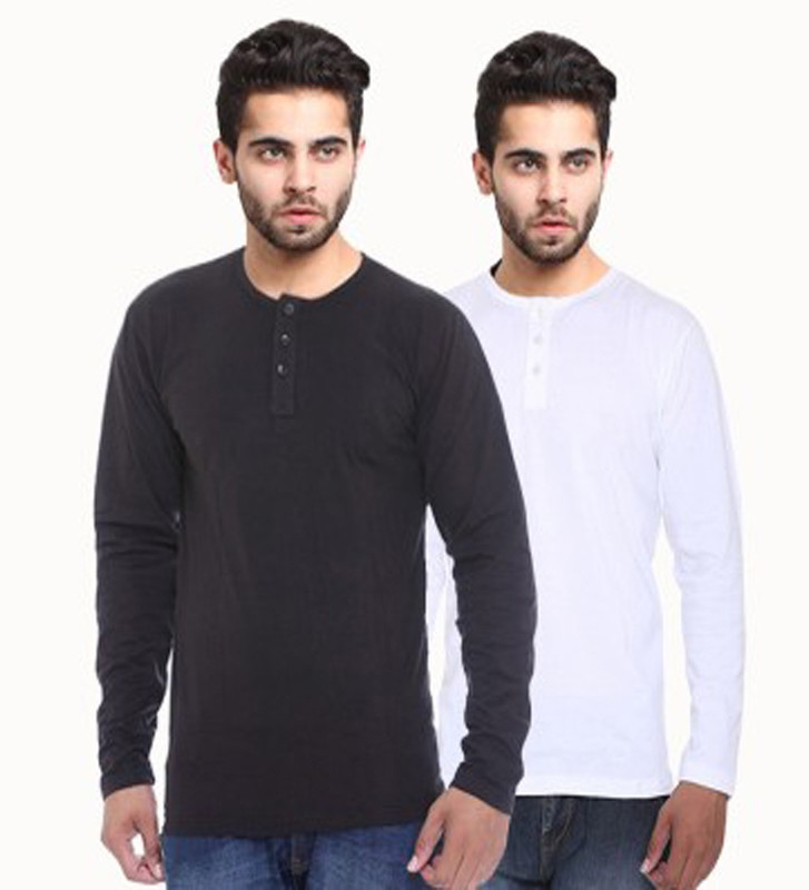 Sampoorna Collection Solid Men Henley White, Black T-Shirt(Pack of 2)