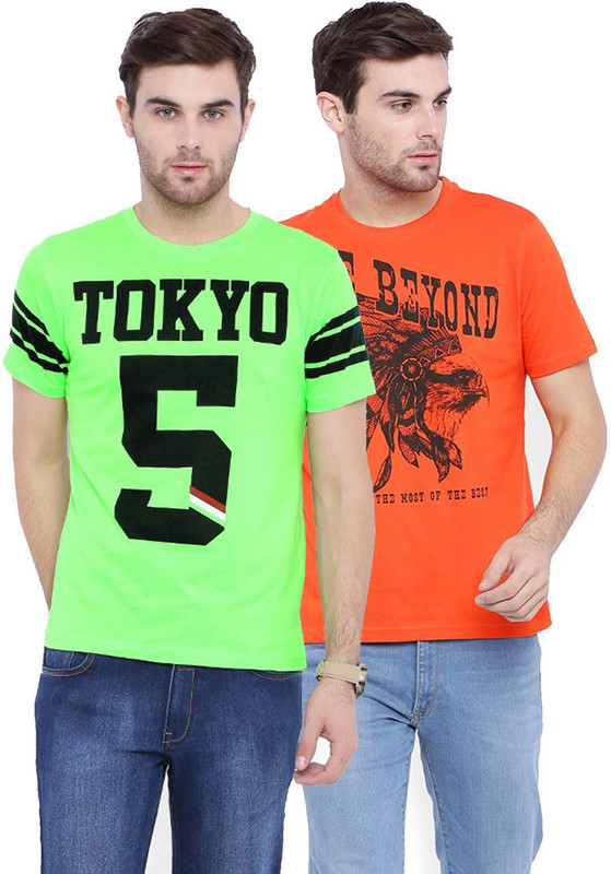 DIFFERENCE OF OPINION Printed Men Round Neck Light Green, Orange T-Shirt(Pack of 2)
