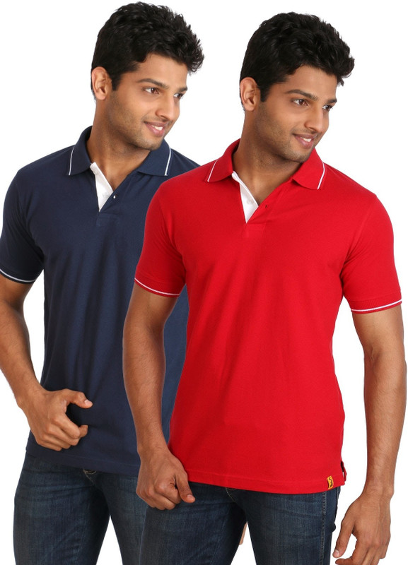 Campus Sutra Solid Men Polo Neck Blue, Red T-Shirt(Pack of 2)