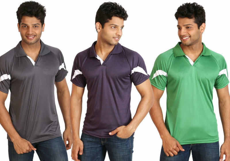 Campus Sutra Solid Men Polo Neck Grey, Purple, Green T-Shirt(Pack of 3)