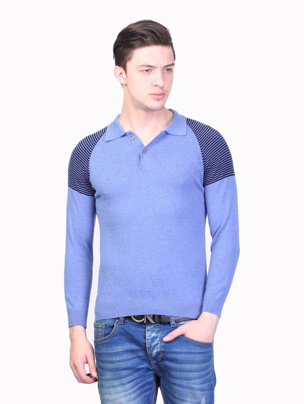 Kalt Striped Men Polo Neck Blue T-Shirt