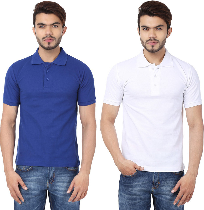 Weardo Solid Men Polo Neck White, Blue T-Shirt(Pack of 2)