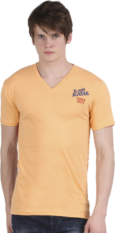 Tease Denim Embroidered Men V-neck Orange T-Shirt