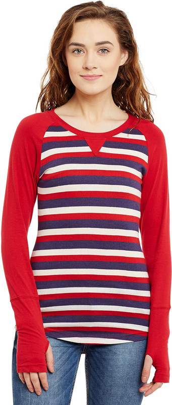 Hypernation Striped Women Round Neck Red, Blue, White T-Shirt