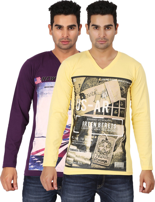 Lyril Printed Men V-neck Purple, Yellow T-Shirt(Pack of 2)