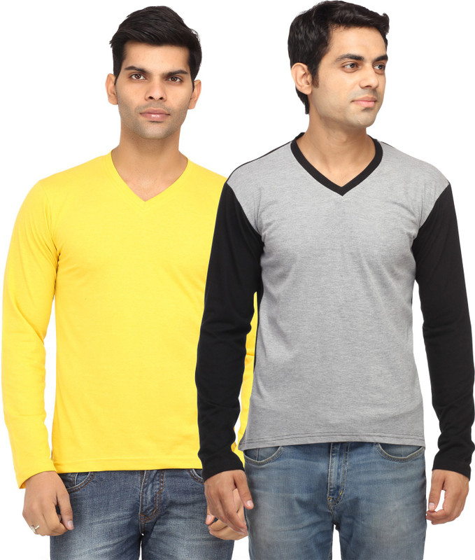 Leana Solid Men Round Neck Yellow, Grey T-Shirt(Pack of 2)