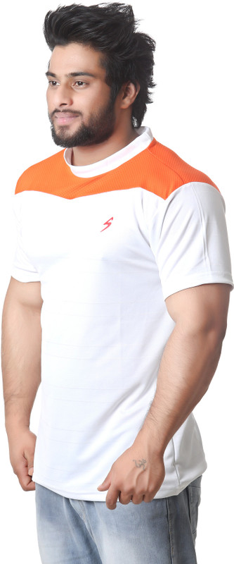 Stylar Solid Men Round Neck White, Orange T-Shirt