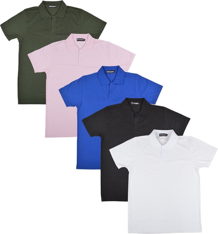 Pintapple Solid Men Polo Neck White, Black, Blue, Pink, Dark Green T-Shirt(Pack of 5)