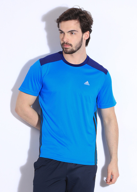 ADIDAS Solid Men Round Neck Blue T-Shirt