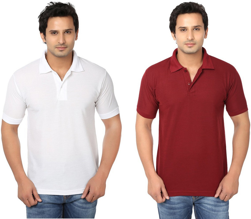 Keepsake Solid Men Polo Neck White, Maroon T-Shirt(Pack of 2)