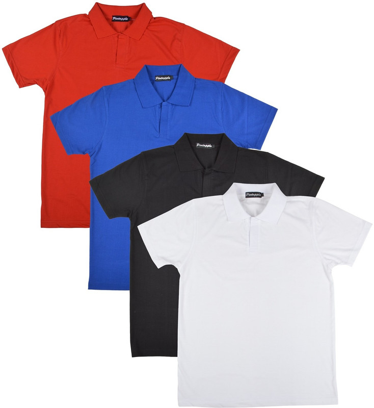 Pintapple Solid Men Polo Neck White, Black, Blue, Red T-Shirt(Pack of 4)