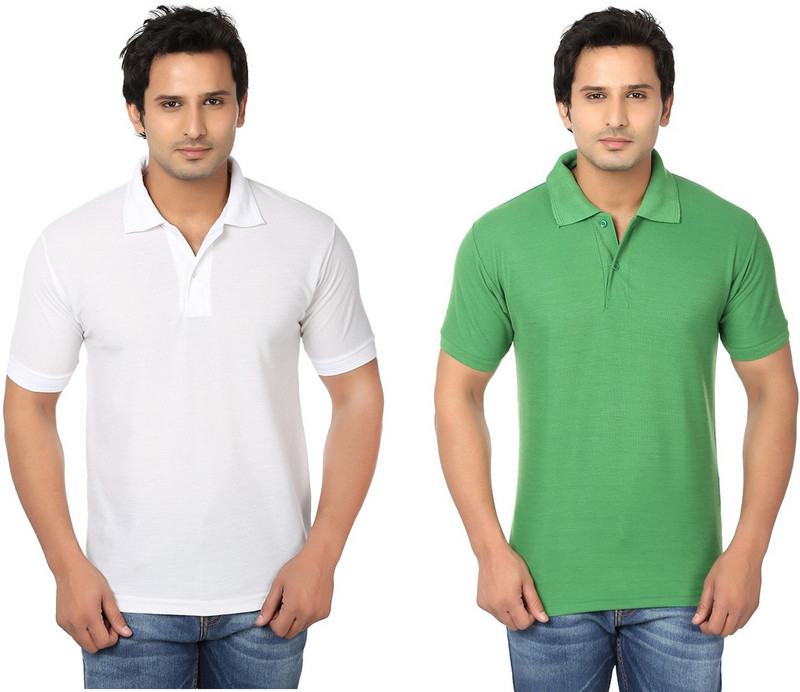 Keepsake Solid Men Polo Neck White, Green T-Shirt(Pack of 2)