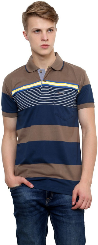 Okane Striped Men Polo Neck Brown T-Shirt