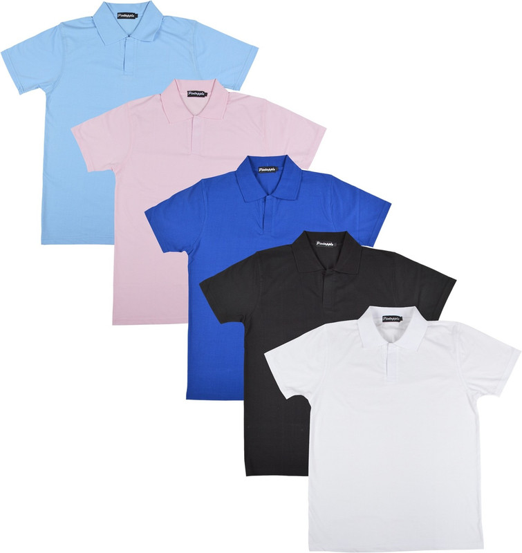 Pintapple Solid Men Polo Neck White, Black, Blue, Pink, Light Blue T-Shirt(Pack of 5)