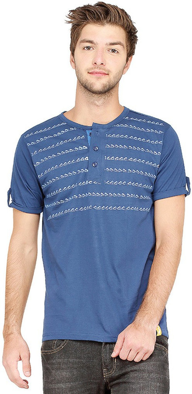 Campus Sutra Printed Men Henley Dark Blue T-Shirt