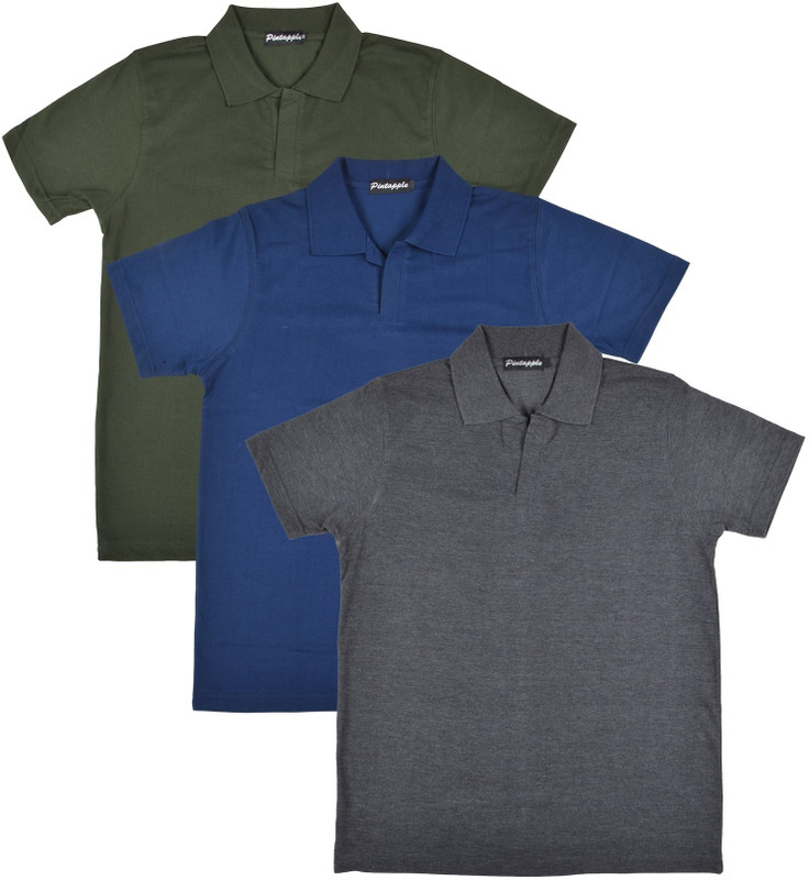 Pintapple Solid Men Polo Neck Grey, Dark Blue, Dark Green T-Shirt(Pack of 3)