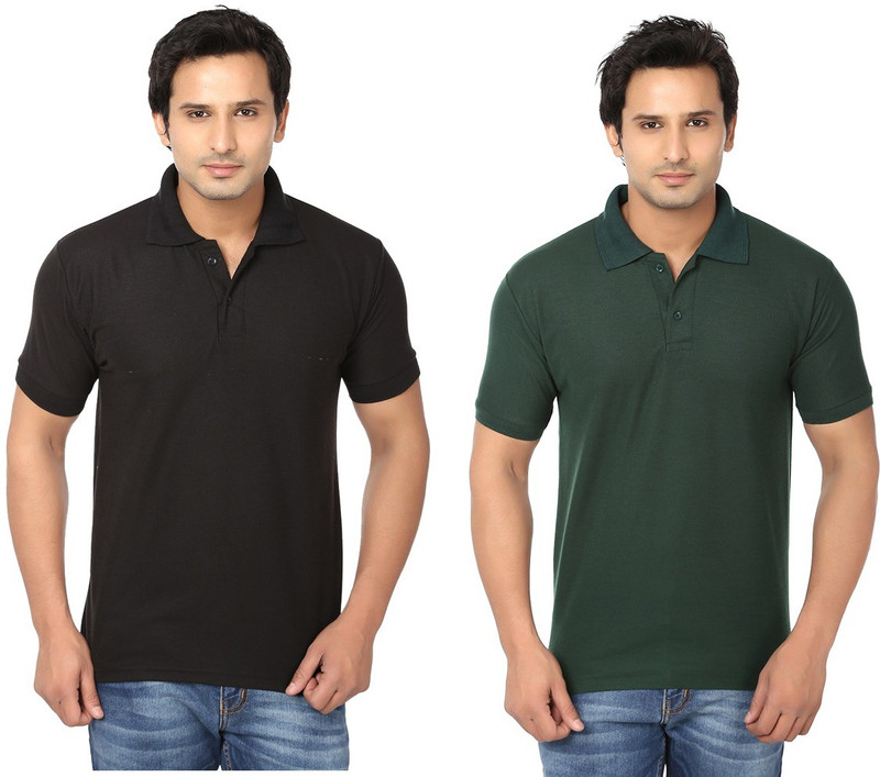 Keepsake Solid Men Polo Neck Black, Dark Green T-Shirt(Pack of 2)