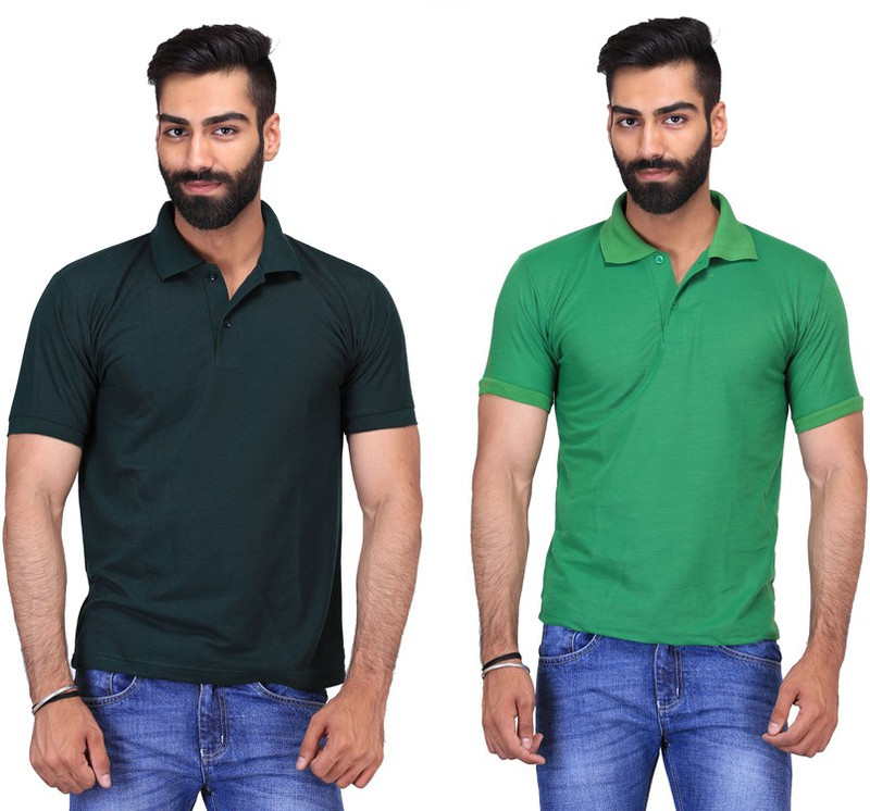 Fuego Solid Men Polo Neck Dark Green, Light Green T-Shirt(Pack of 2)