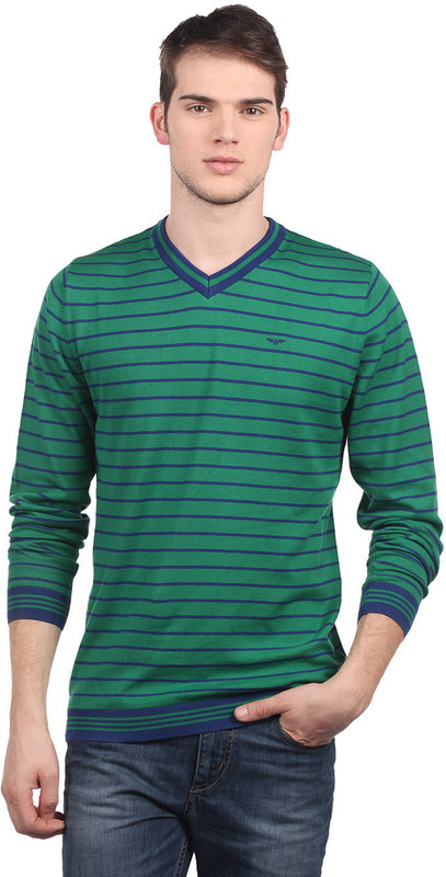 Park Avenue Striped Men V-neck Green T-Shirt