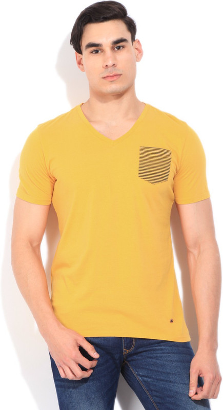 WROGN Solid Men V-neck Yellow T-Shirt WROGN Solid Men V-neck Yellow T-Shirt