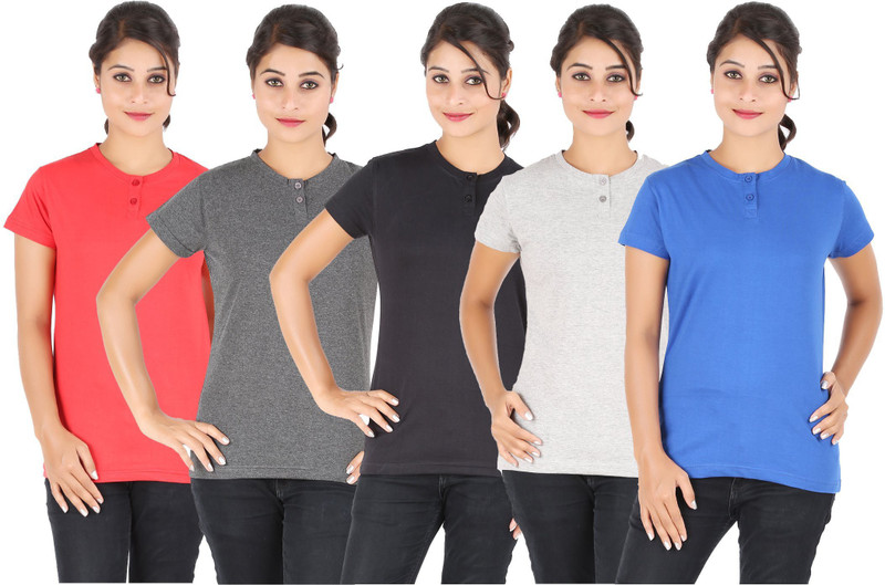 Ap'pulse Solid Women Henley Black, Blue, Grey, Red, Grey T-Shirt(Pack of 5)
