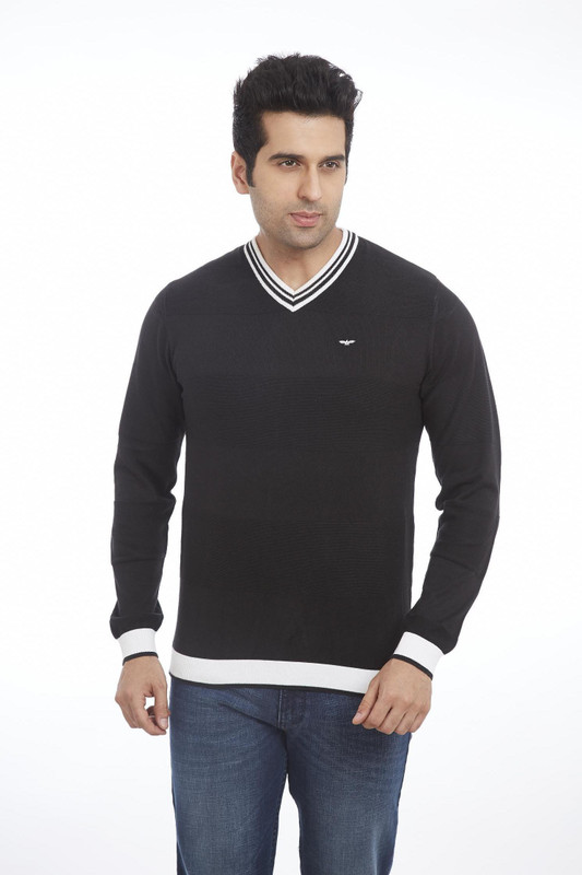 Park Avenue Striped Men V-neck Black T-Shirt
