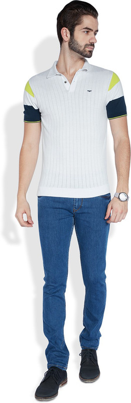 Park Avenue Striped Men Polo Neck White T-Shirt