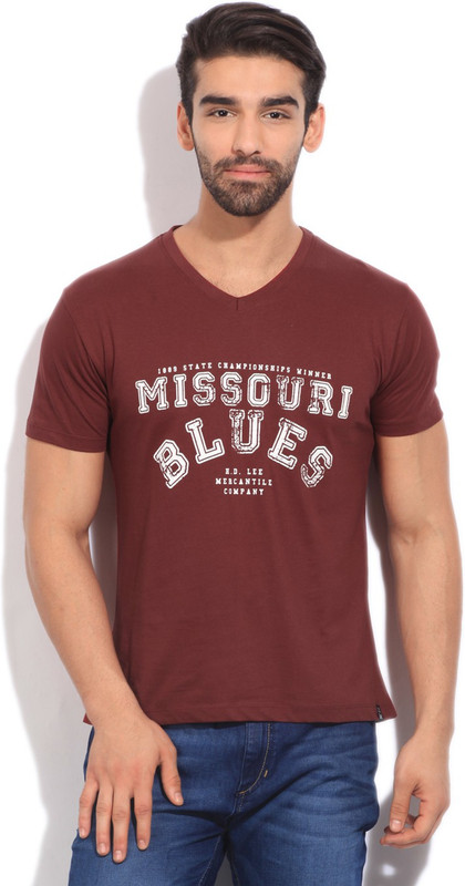 Lee Printed Men V-neck Maroon T-Shirt