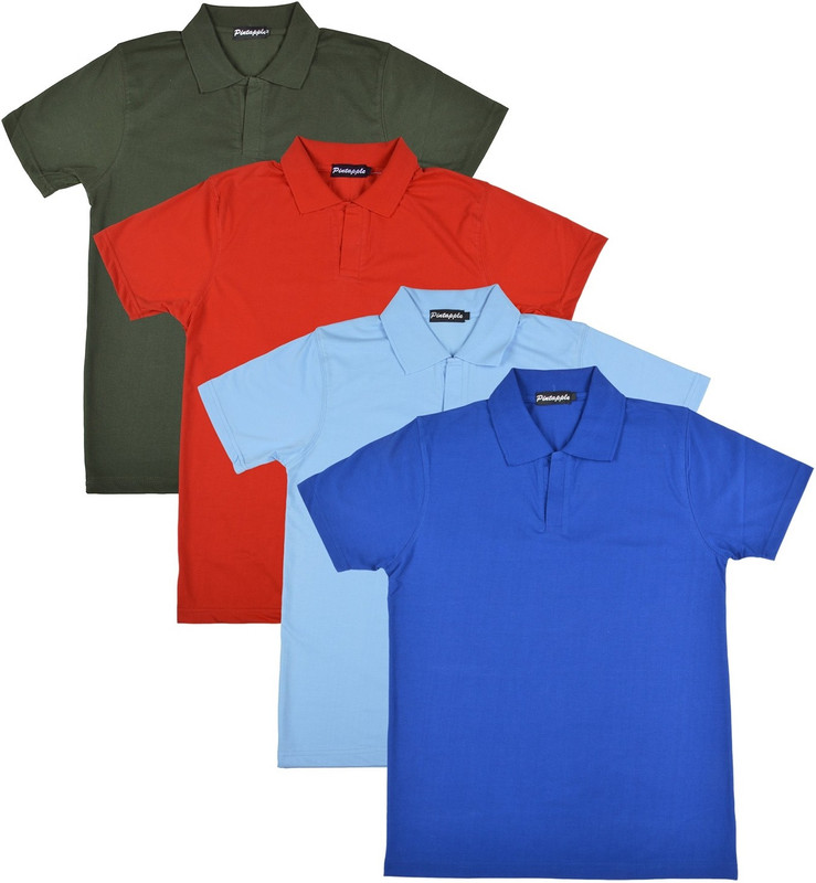 Pintapple Solid Men Polo Neck Blue, Light Blue, Red, Dark Green T-Shirt(Pack of 4)