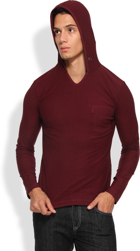 Arise Self Design Men Hooded Maroon T-Shirt