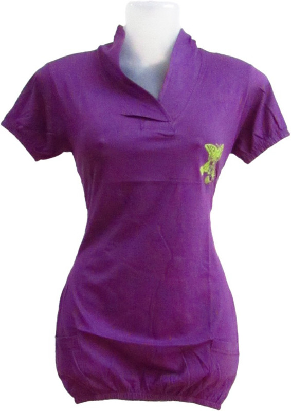 Revinfashions Solid Women V-neck Purple T-Shirt