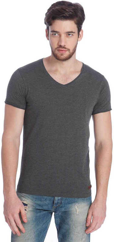 Jack & Jones Solid Men V-Neck Grey T-Shirt