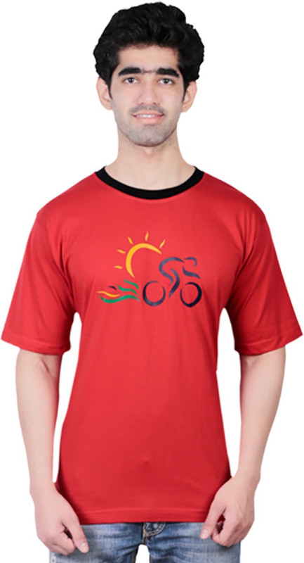 Fashionable Printed Men Round Neck Red T-Shirt