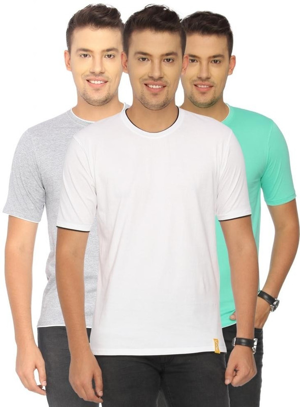 Campus Sutra Solid Men Round or Crew Grey, White, Green T-Shirt(Pack of 3)