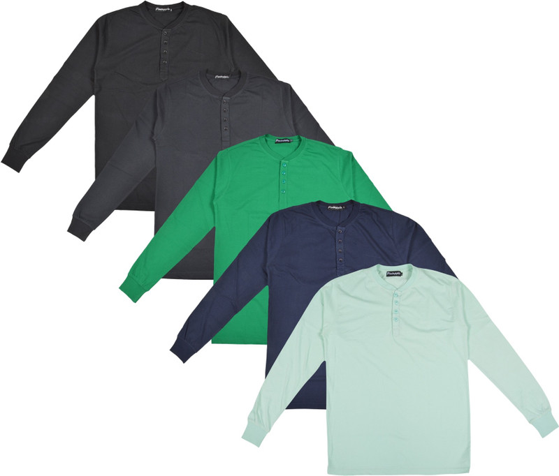 Pintapple Solid Men Henley Light Green, Dark Blue, Green, Black, Black T-Shirt(Pack of 5)