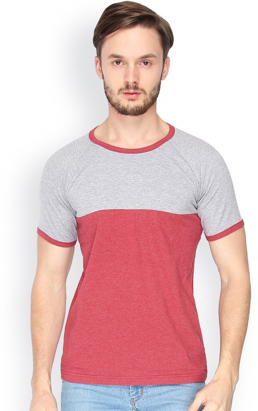 Campus Sutra Solid Men Round or Crew Grey, Maroon T-Shirt