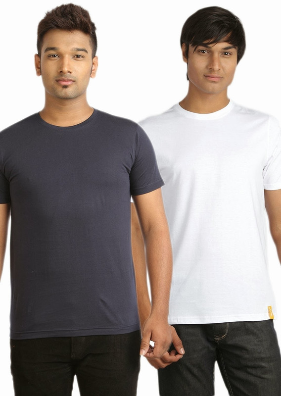 Campus Sutra Solid Men Round or Crew White, Dark Blue T-Shirt(Pack of 2)