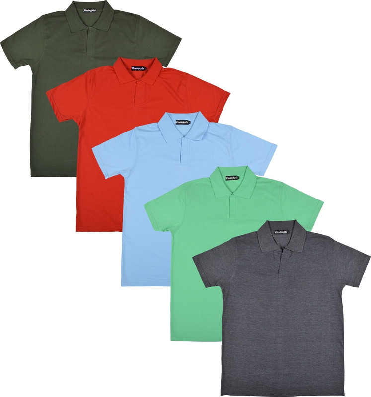 Pintapple Solid Men Polo Neck Grey, Light Green, Light Blue, Red, Dark Green T-Shirt(Pack of 5)