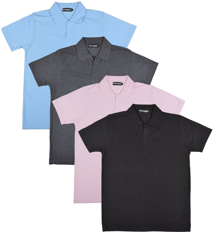 Pintapple Solid Men Polo Neck Black, Pink, Grey, Light Blue T-Shirt(Pack of 4)