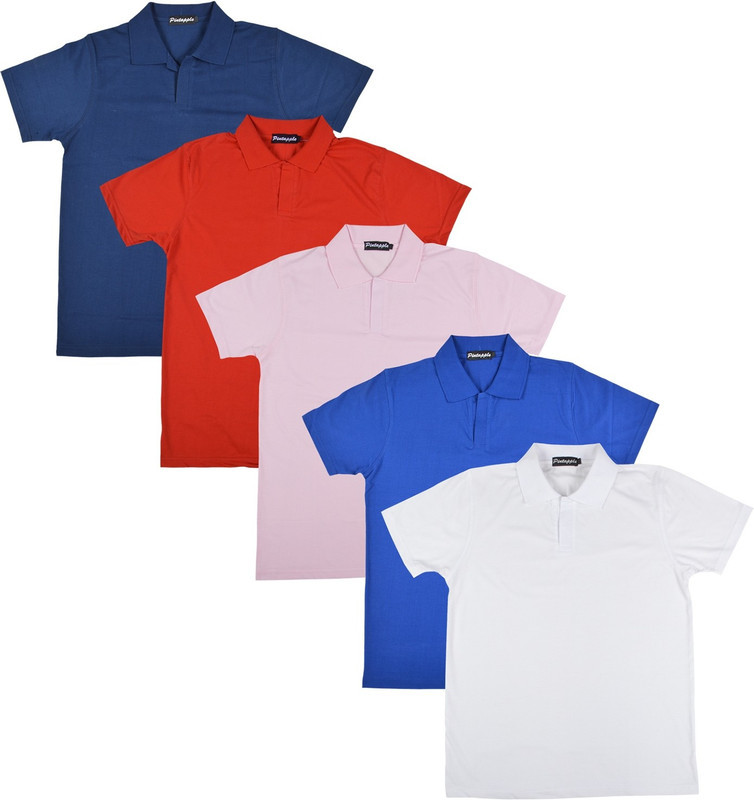 Pintapple Solid Men Polo Neck White, Blue, Pink, Red, Dark Blue T-Shirt(Pack of 5)