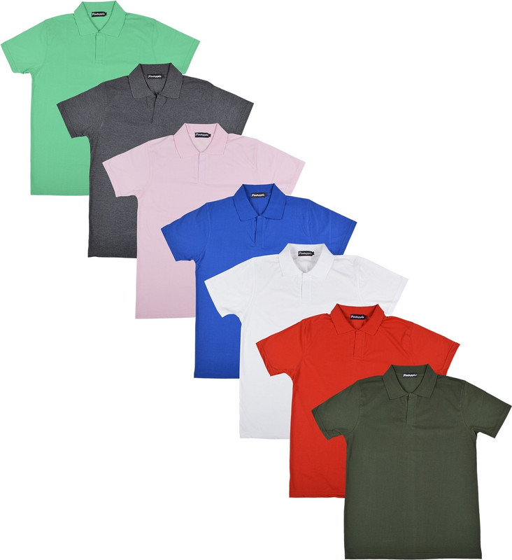 Pintapple Solid Men Polo Neck White, Blue, Pink, Grey, Light Green, Red, Dark Green T-Shirt(Pack of 7)