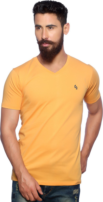 Nucode Solid Men V-neck Orange T-Shirt